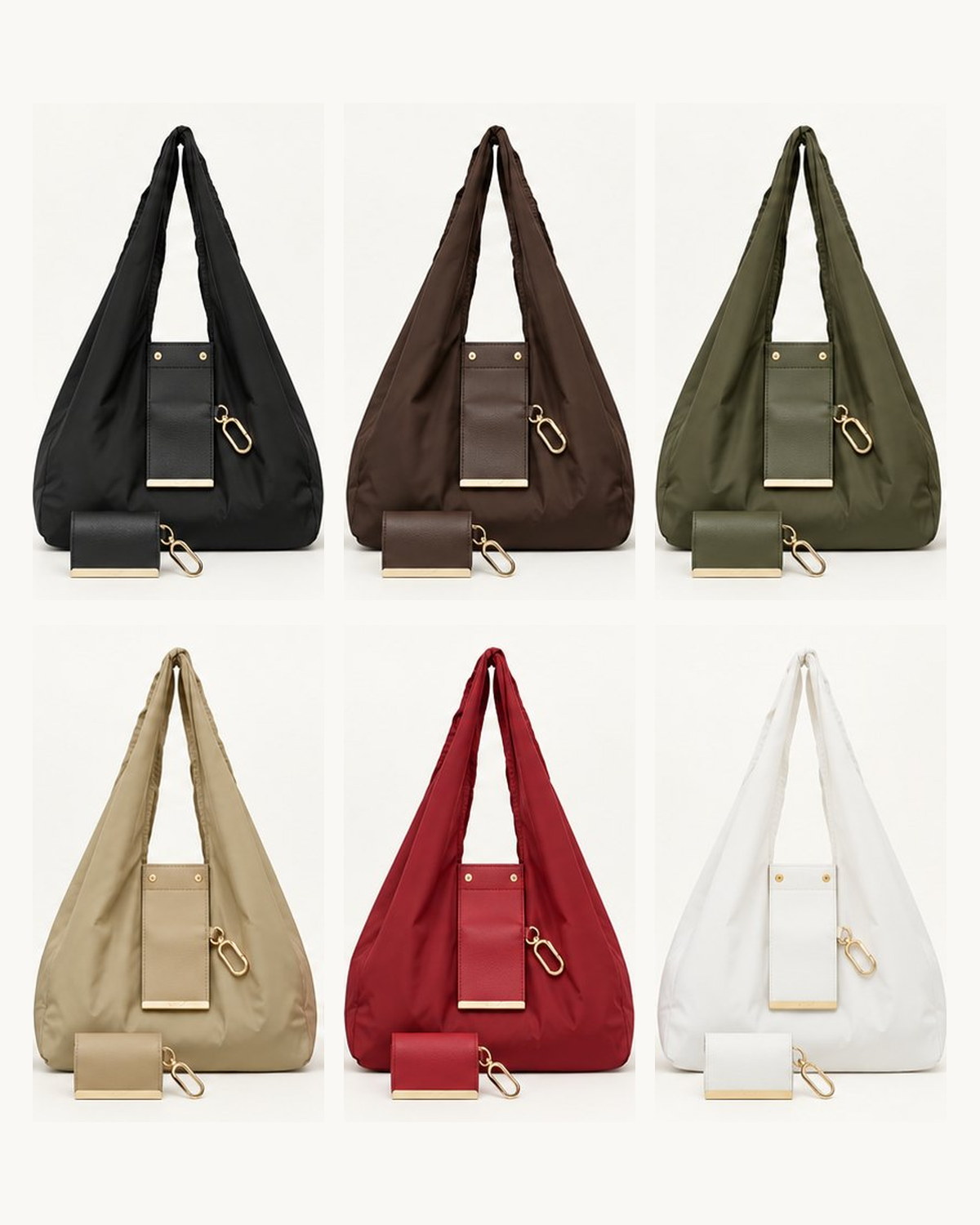 Les six coloris TOTEGO côte à côte : Noir, Café, Vert, Kaki, Rouge, Blanc, chacun avec sa pochette
