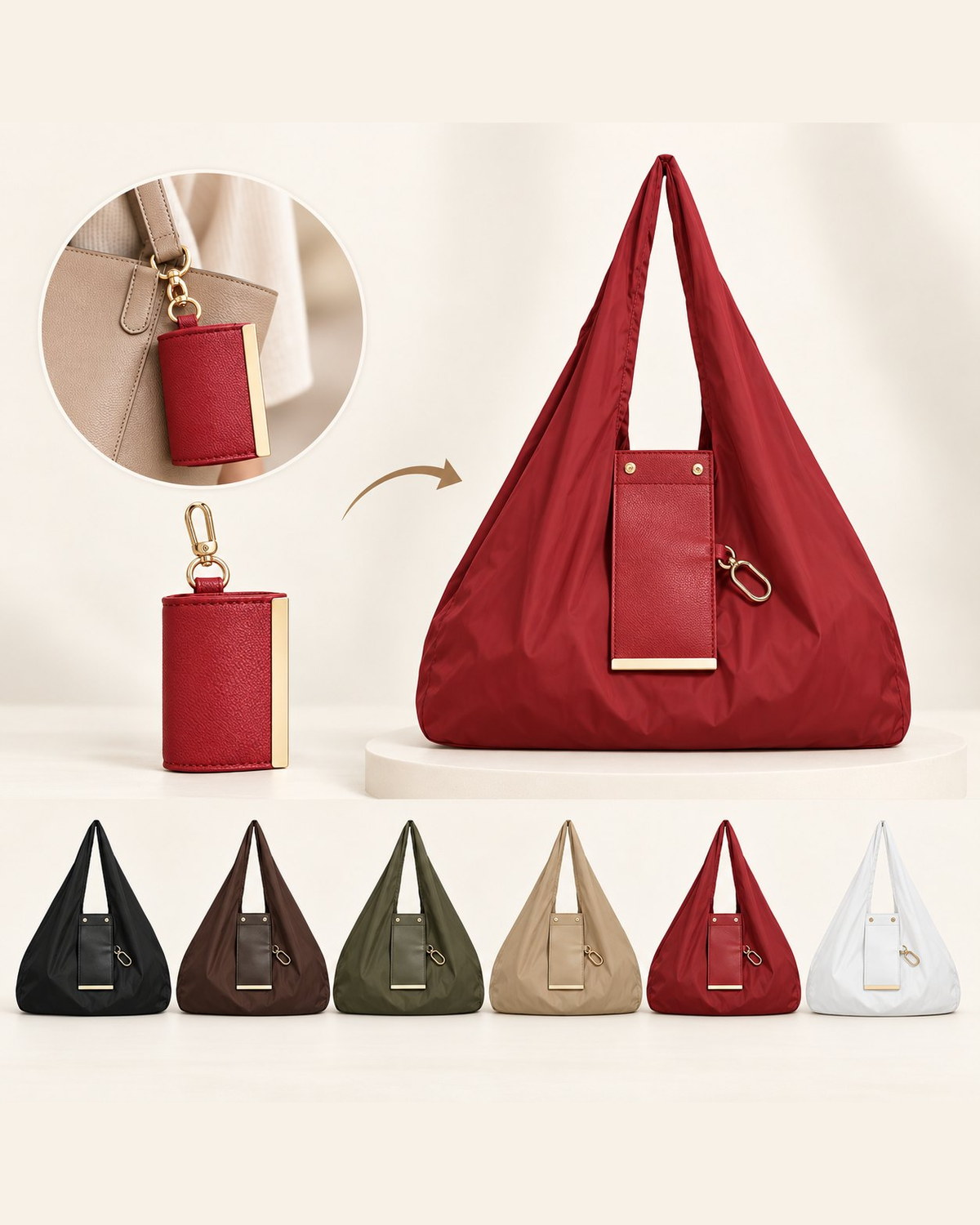 TOTEGO Rouge : la pochette fermée se transforme en grand tote, et la rangée des six coloris disponibles